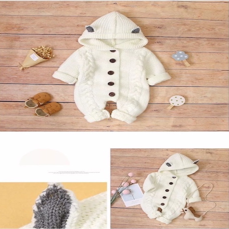 White 3M-24M Three Dimensional Small Ear Hooded Knitted Baby Romper